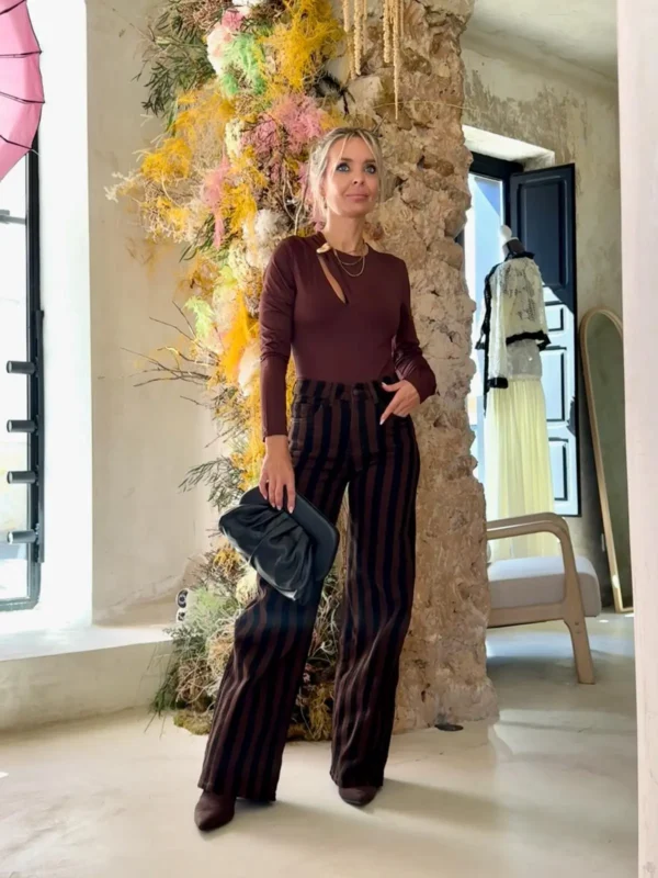 Pantalón Wide Leg Rayas Marrón y Negro Milán