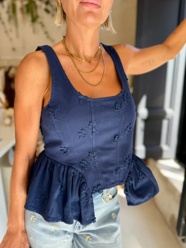 Top Peplum Azul Marino Bordado