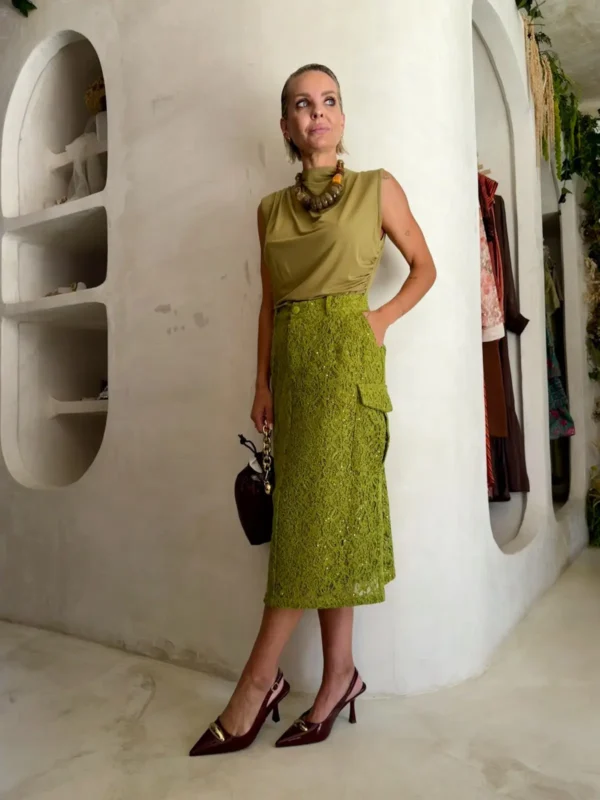 Falda Midi Encaje Verde Manzana