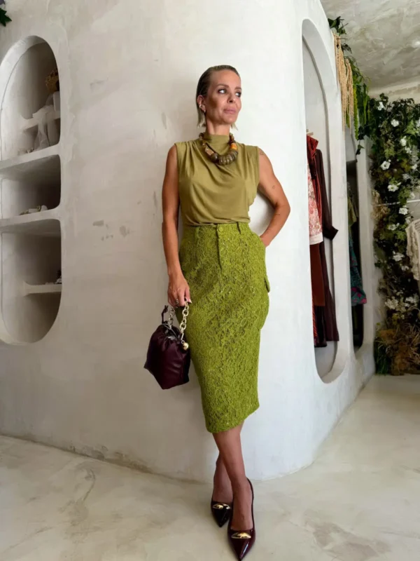 Top Sin Mangas Cuello Fruncido Verde Oliva