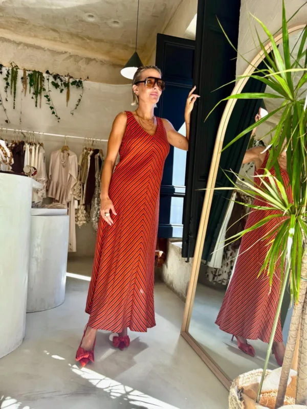 Vestido Largo Rayas Diagonales Naranja
