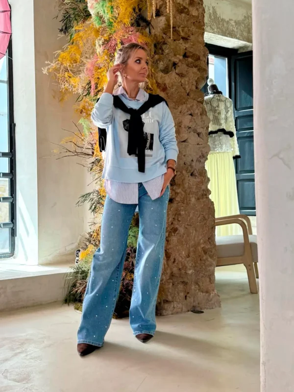 Pantalón Vaquero Wide Leg con Detalles de Brillos y Estrás